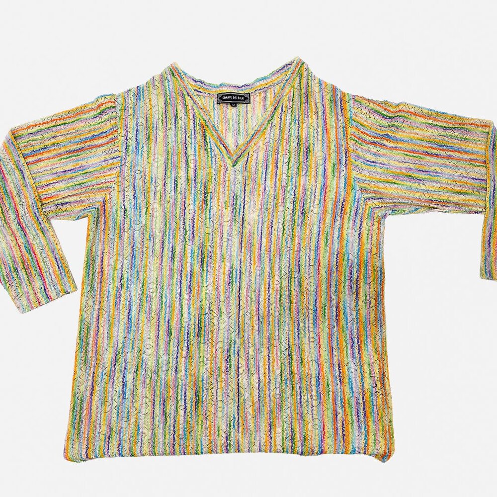 CREME DE SILK V NECK SILK BLEND MULTI-COLOR SOFT SILK SHIRT